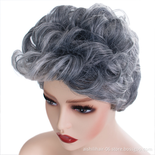 Wholesale heat resistant stort mix silvery with white color and overhead with curly  synthetic hair wigs for women